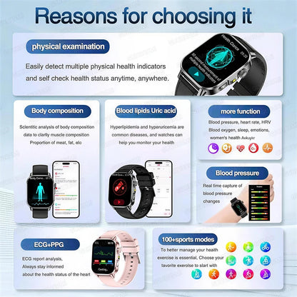 2026 ECG+PPG Daily Health Smart Watch Men Blood Fat Uric Acid Heart Rate Blood Oxygen Bluetooth Call Wellness Tracker Smartwatch