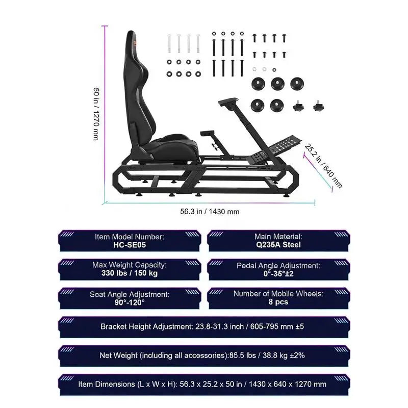 Racing Wheel Stand Steel Sim Cockpit for Logitech G923 G920 G29 Thrustmaster T248P Adj Wheel/Pedal 330lb Compact