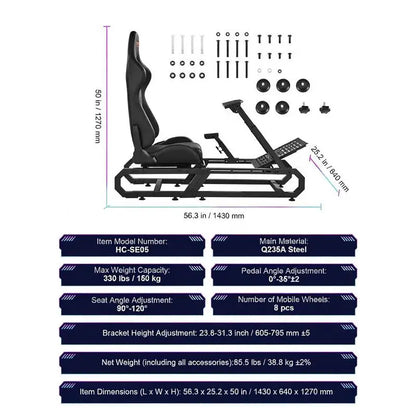 Racing Wheel Stand Steel Sim Cockpit for Logitech G923 G920 G29 Thrustmaster T248P Adj Wheel/Pedal 330lb Compact