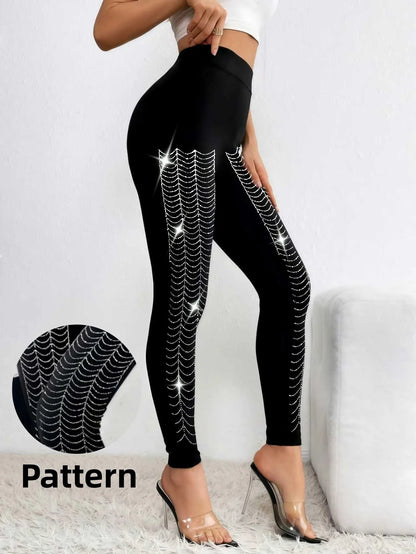 Women's Sparkly Spider Web Rhinestone Embellished Side Glitter Tight Leggings Sexy Club Party Pants