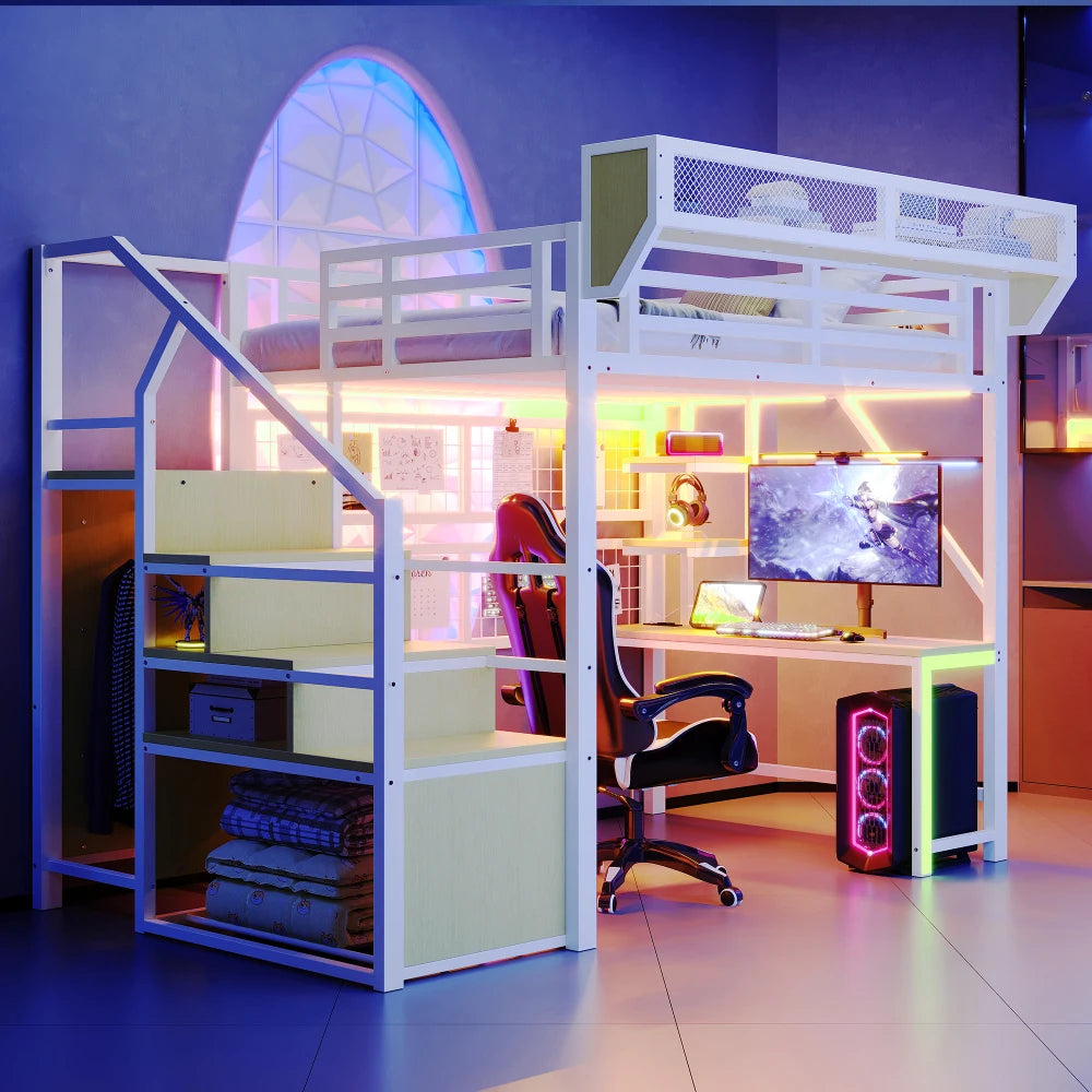 90×200cm & 140*200cm Metal High Bed, with Desk, Shelf and Storage Net, Complete with Safety Ladder, LED Lighting and Socket
