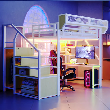 90×200cm & 140*200cm Metal High Bed, with Desk, Shelf and Storage Net, Complete with Safety Ladder, LED Lighting and Socket