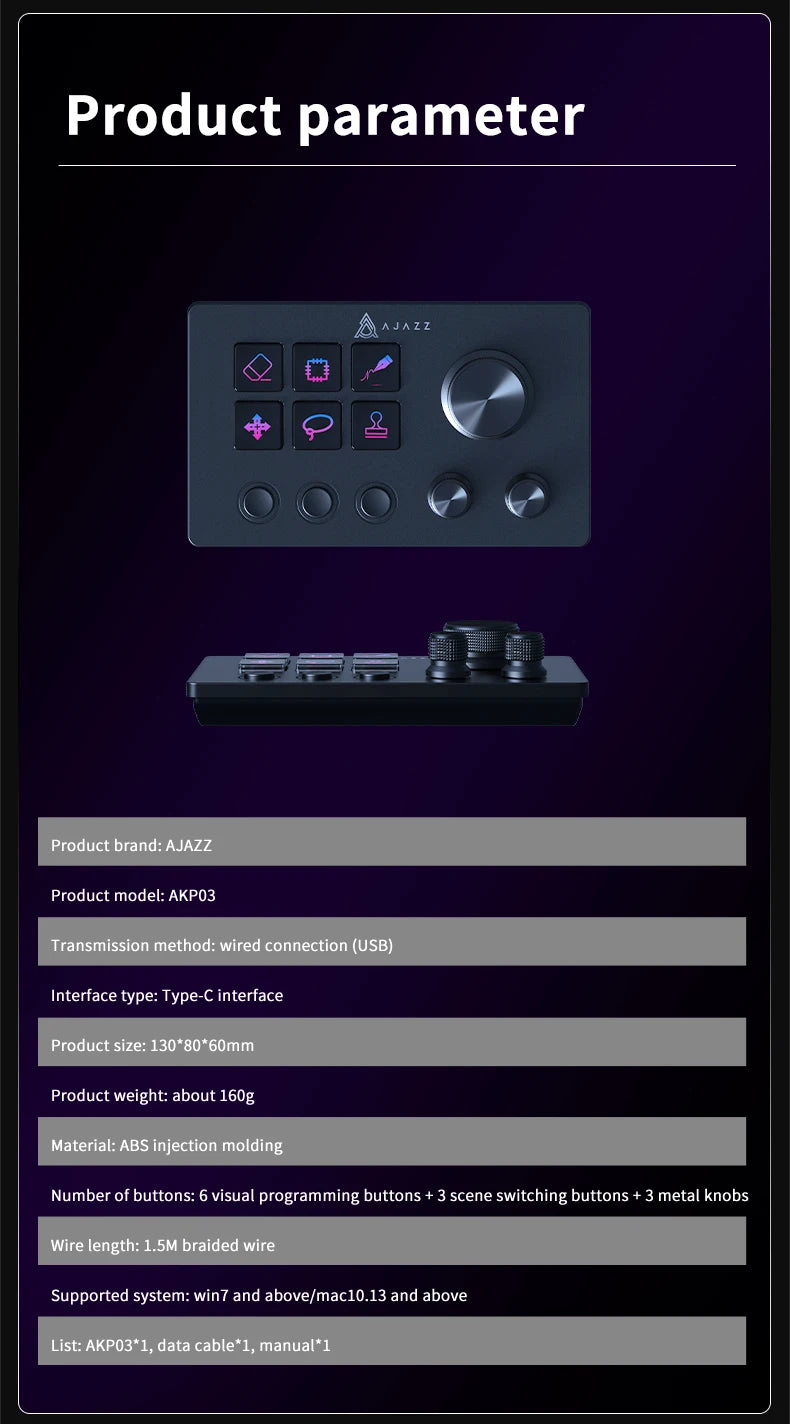 AJAZZ AKP03 Desktop Control Panel, Programmable Keypad for Stock Trading Live Streaming Audio Mixing, Shortcut Controller