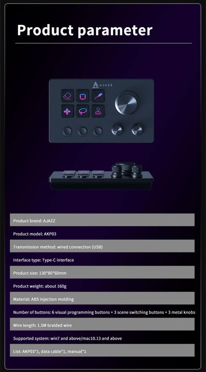 AJAZZ AKP03 Desktop Control Panel, Programmable Keypad for Stock Trading Live Streaming Audio Mixing, Shortcut Controller