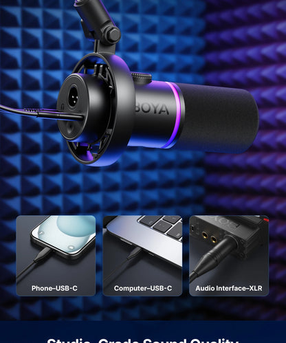 BOYA CastMic S60 USB/XLR Dynamic Microphone with RGB for Gaming, Streaming, Podcasts Studio Grade 4 in 1 Support Phone PC Laptop