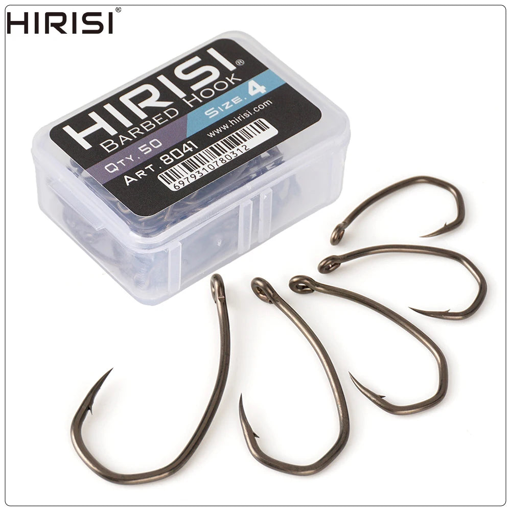 Hirisi 8041 50Pcs PTFE Coated Fish Hook High Carbon Stainless Steel Anti-Rust Sharp Point Barbed With Eye for Fishing Accessory