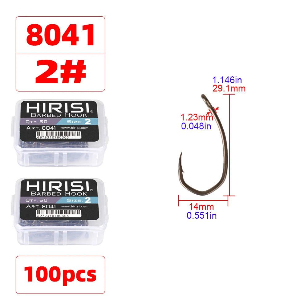 Hirisi 8041 50Pcs PTFE Coated Fish Hook High Carbon Stainless Steel Anti-Rust Sharp Point Barbed With Eye for Fishing Accessory