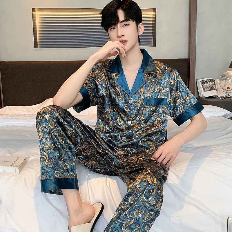 Herr Silk Satin Pyjamas 2-delad – Långärmad Topp & Byxor Tryckt Mönster, Svart/Röd/Marinblå