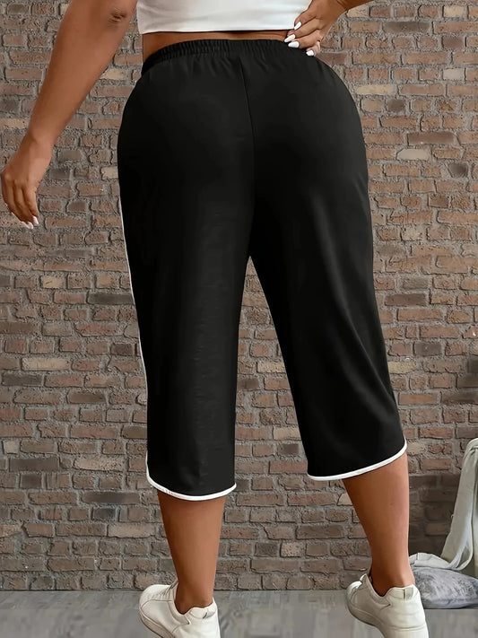 Kontrastfärgade Capribyxor Stor Storlek – Lös Passform Stretch Fickor Casual Allsäsong Dam, 1XL–5XL