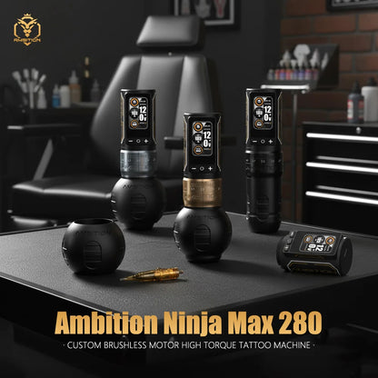 Ambition Ninja Max 280 Wireless Tattoo Machine Pen Full Kit Adjustable Stroke Brushless Motor 20pcs Mixed Needle 10 Inks Set