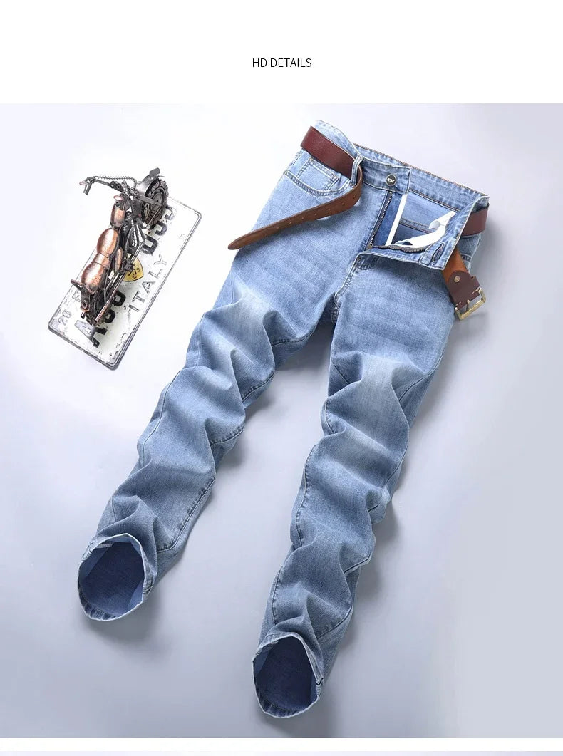 Spring and Summer Thin Men's Light Blue Slim Jeans Stylish Casual Stretch Fabric Denim Pants Classic Trousers Smoke Gray