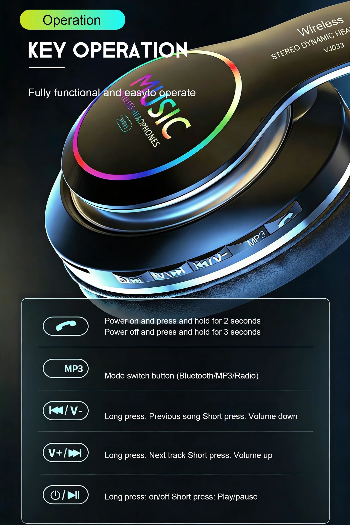 Wireless Bluetooth 5.0 HiFi Headphone With On-Ear Headset Stereo Sound Earphones Sports Office Game Foldable Low Latency