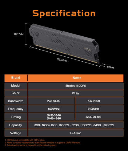 Netac Memory RAM 8G 16G 8Gx2 16Gx2 DDR4 288Pin UDIMM 3200MHz 3600MHz Support XMP2.0 DDR5 4800MHz Dual Channel RAM for Desktop PC