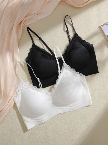 French Lace Bra V Neck Seamless Bra Women's Adjustable Thin Strap Wireless Thin Cup Layering Base Intimates Lingerie Solid S-XL