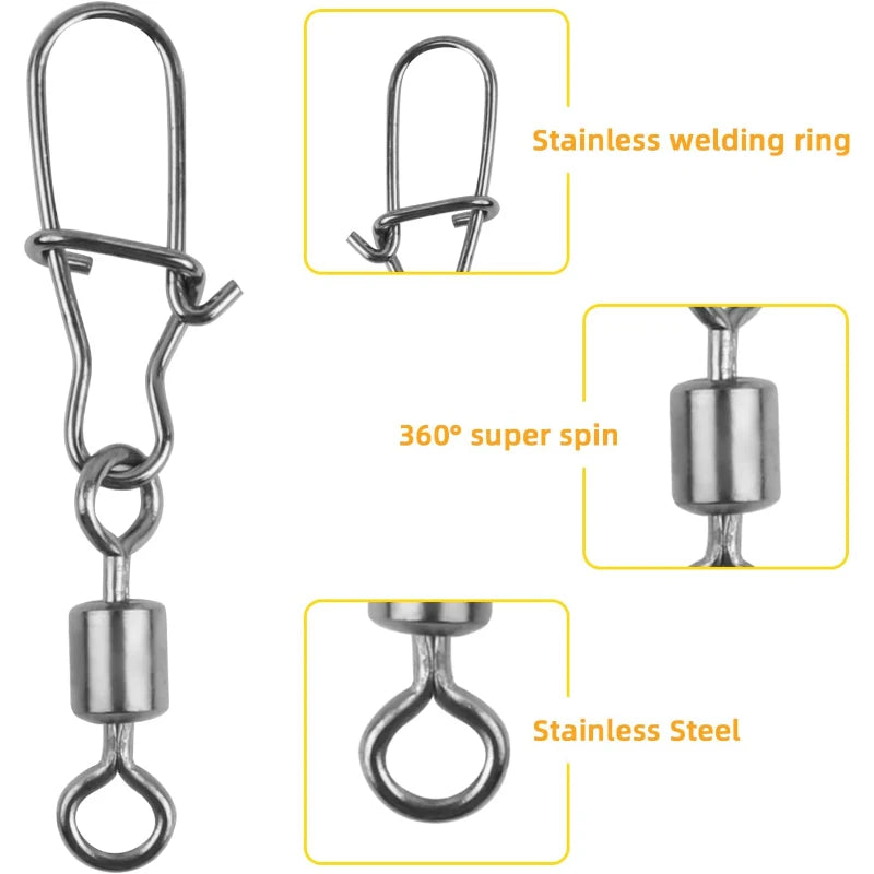Stainless Steel Fishing Swivel Snaps 4#-12# Rolling Bearing Duo-Lock Connector Kit Saltwater Freshwater Lure Tackle 50-200Pcs