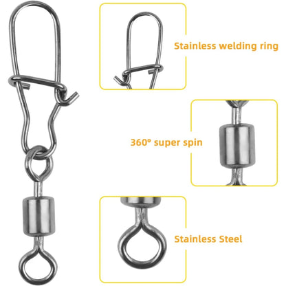 Stainless Steel Fishing Swivel Snaps 4#-12# Rolling Bearing Duo-Lock Connector Kit Saltwater Freshwater Lure Tackle 50-200Pcs