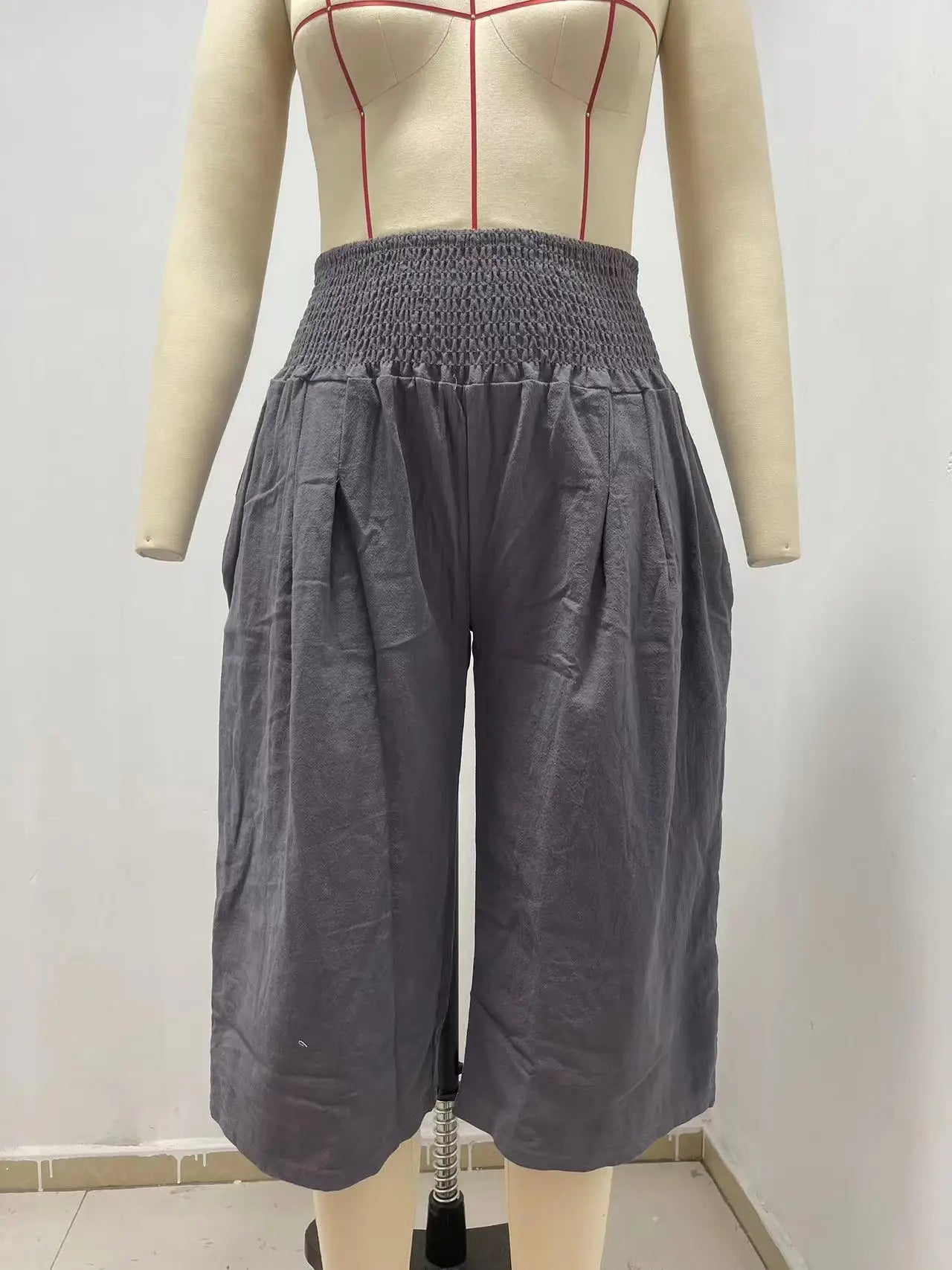 Summer 2024 Amazon Eurn women's cross-border cotton hemp seven waist pocket pocket pocket pocket wide leg pants woman