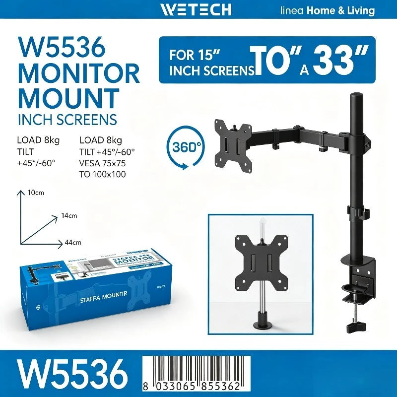 WETECH W5536 Single Monitor Desk Mount Bracket Dual Adjustable Arm Max Load 8kg Fit 15-33 Inch Monitor 360° Rotation +45° Tilt Support VESA 75x75 100x100 Clamp-on Monitor Stand