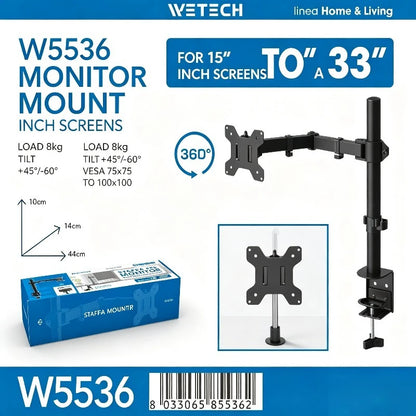 WETECH W5536 Single Monitor Desk Mount Bracket Dual Adjustable Arm Max Load 8kg Fit 15-33 Inch Monitor 360° Rotation +45° Tilt Support VESA 75x75 100x100 Clamp-on Monitor Stand