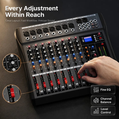 NXG 8-kanals ljudmixer med USB, 3-bands EQ och FX-send