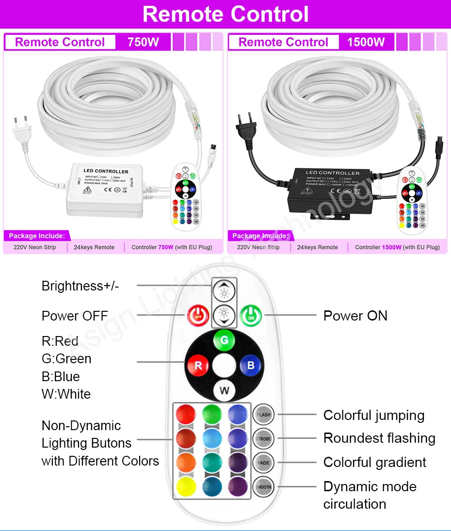 220 V RGB LED-neonlist IP65 med fjärrkontroll, Bluetooth eller Tuya WiFi, 1–100 m