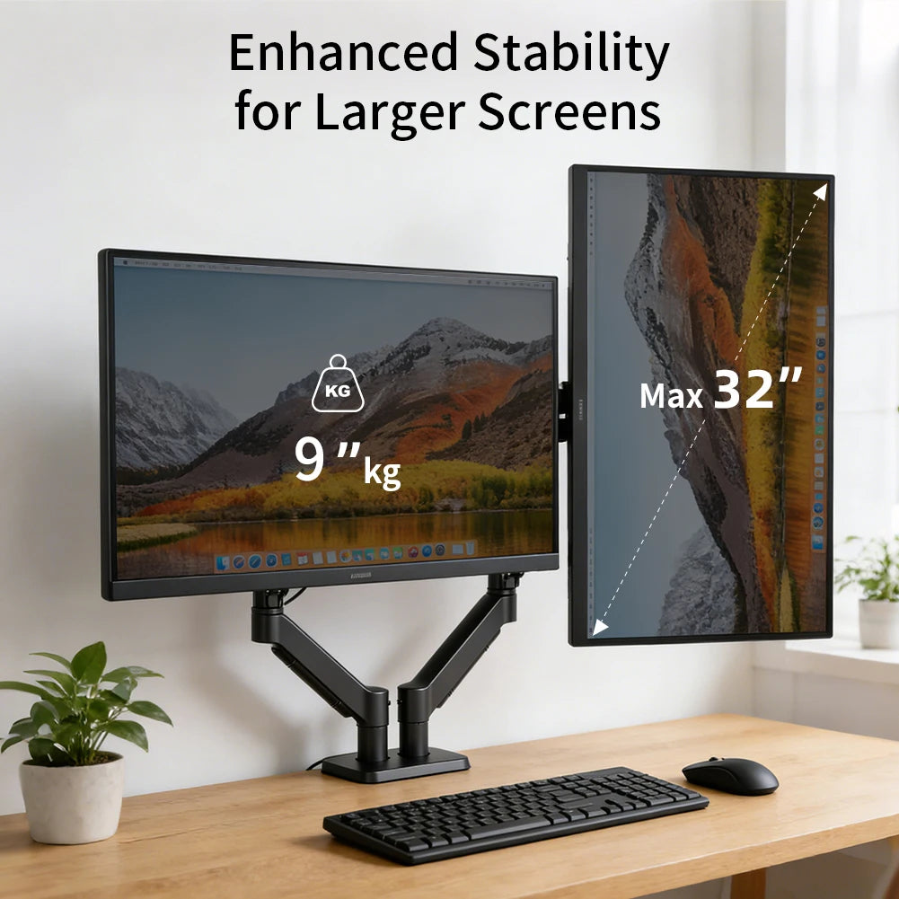 Dual Monitor Mount Stand for 13-32 Inch Screens, Fully Adjustable Double Monitor Bracket with 180° Swivel Tilt & 360° Rotation, Space Saving Desktop Screen Holder for Home Office Gaming Workstation