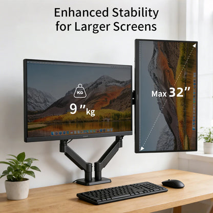 Dual Monitor Mount Stand for 13-32 Inch Screens, Fully Adjustable Double Monitor Bracket with 180° Swivel Tilt & 360° Rotation, Space Saving Desktop Screen Holder for Home Office Gaming Workstation