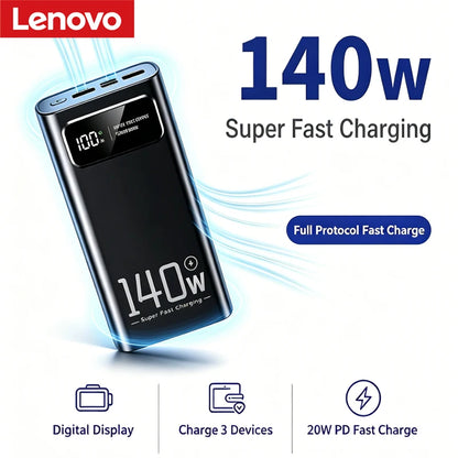 Lenovo 140W Power Bank 200000mAh Large Capacity Super Fast Charging Digital Display For iPhone Samsung Emergency Power Battery