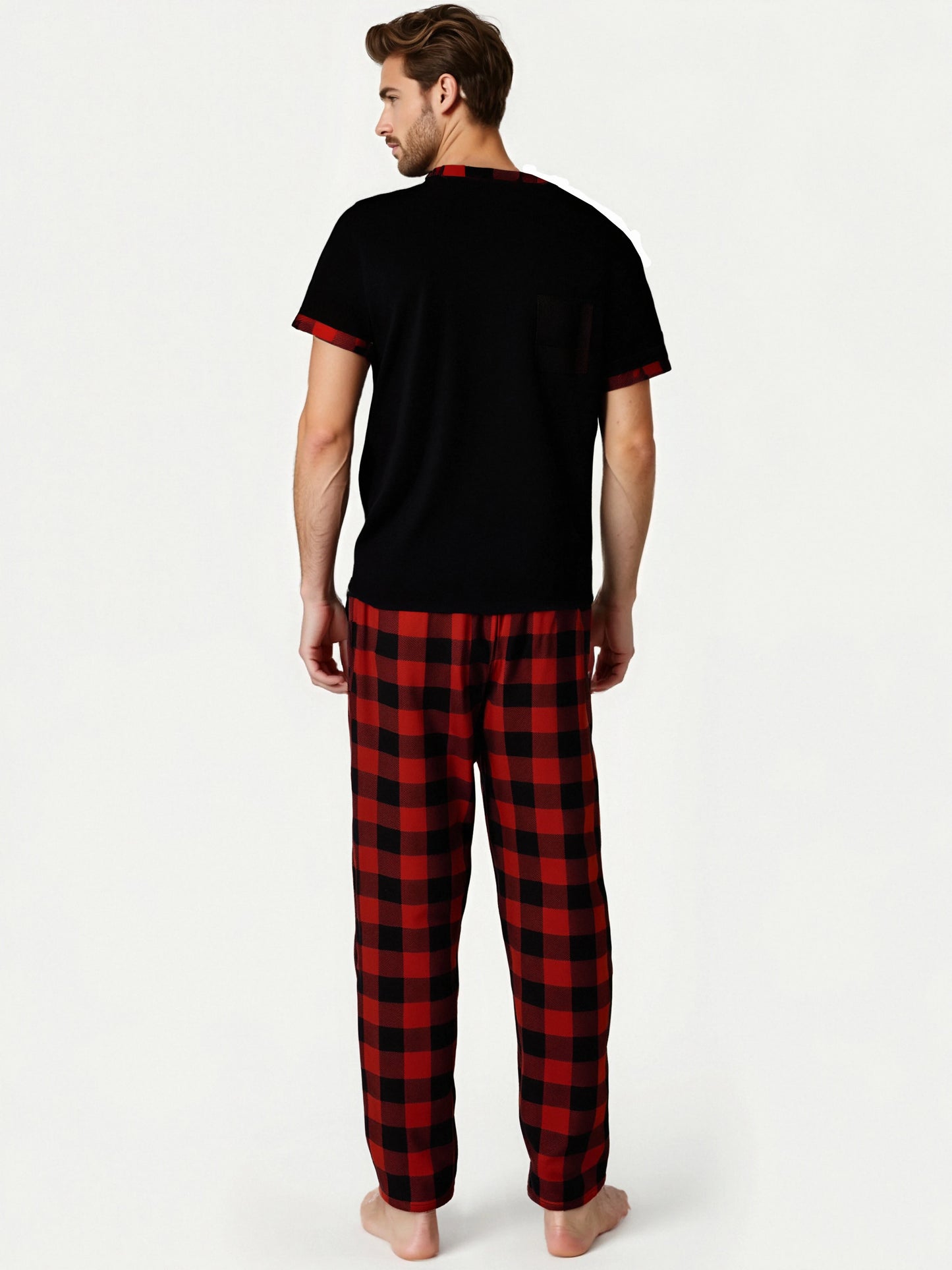 Herr Pyjamas Set Rutig – Kortärmad V-ringning & Byxor med Fickor Drawstring, 5 Färger M–1XL