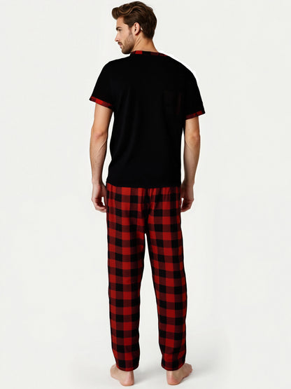 Herr Pyjamas Set Rutig – Kortärmad V-ringning & Byxor med Fickor Drawstring, 5 Färger M–1XL