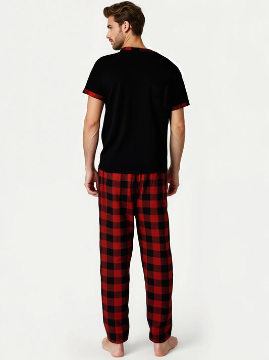 Herr Pyjamas Set Rutig – Kortärmad V-ringning & Byxor med Fickor Drawstring, 5 Färger M–1XL