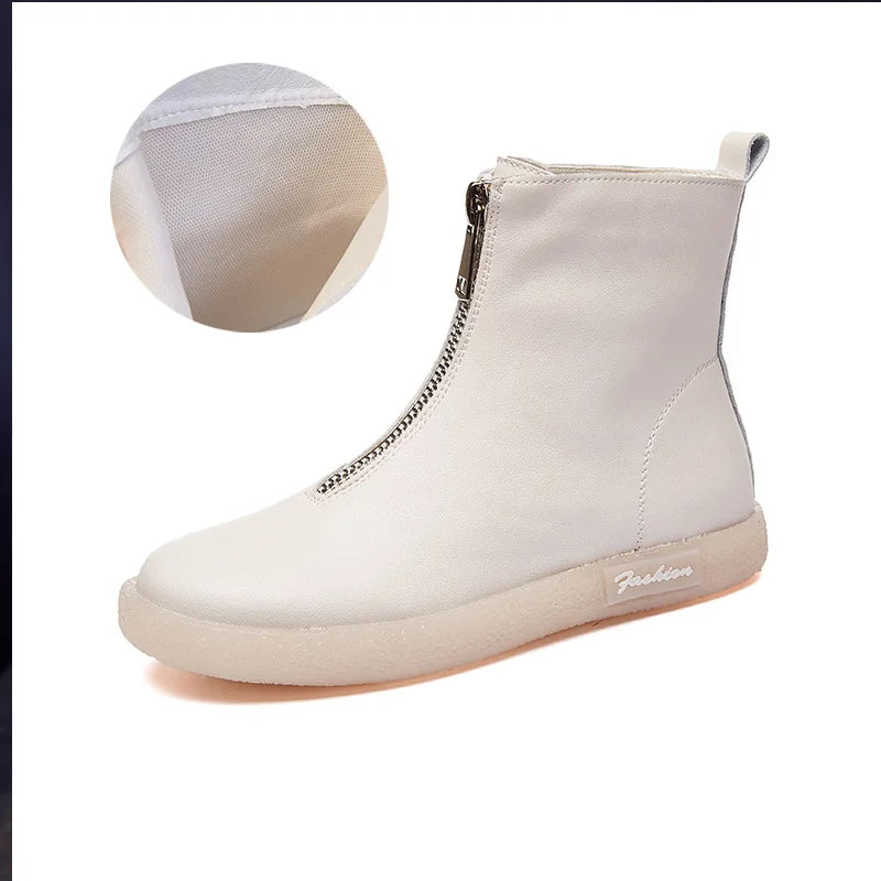 ZXRYXGS British Style Front Zipper Genuine Leather Boots Flat Sneakers 2026 Temperament Trend Autumn Winter Boots Black White