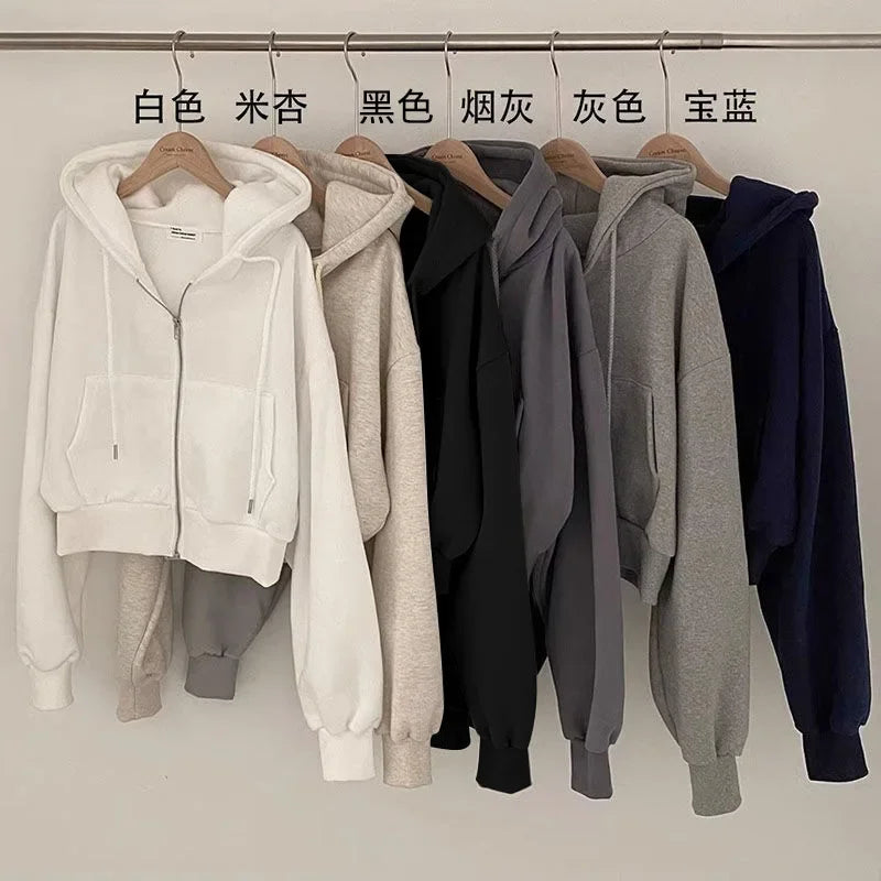 Zippered Long Sleeved Hooded Sweatshirt Loose Casual Simple Trendy Versatile Solid Color Fashionable Lazy Jacket Wholesale