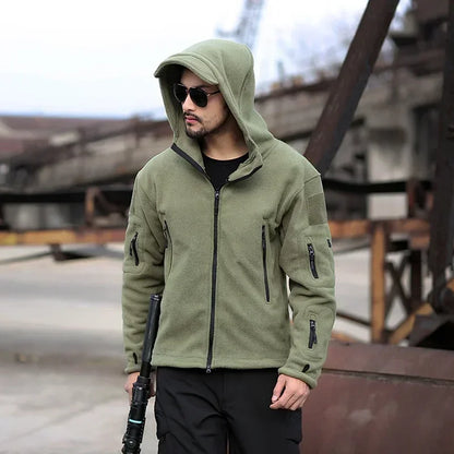 Herr Militär Fleecejacka med Huva – Varm Taktisk Jacka för Vandring och Friluftsliv, S–4XL