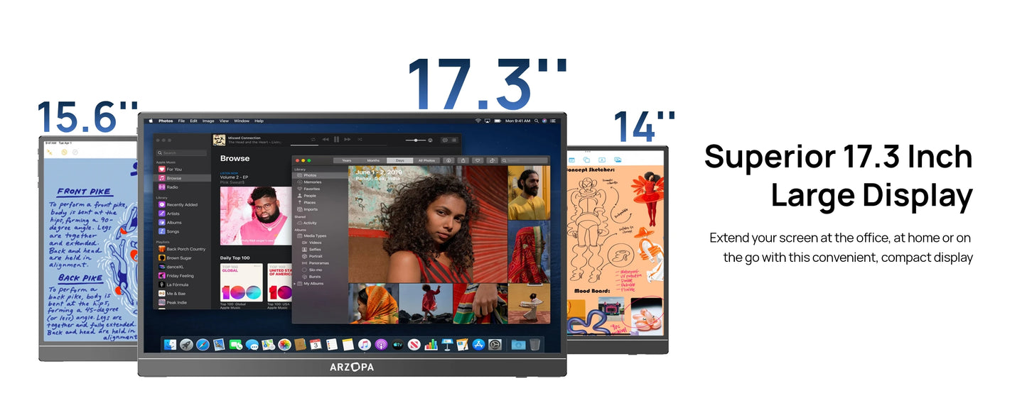 ARZOPA A1M Portabel Skärm 17,3" 1080P IPS – 100% sRGB HDR10 60Hz Inbyggt Stativ Dubbla Högtalare Aluminium USB-C HDMI