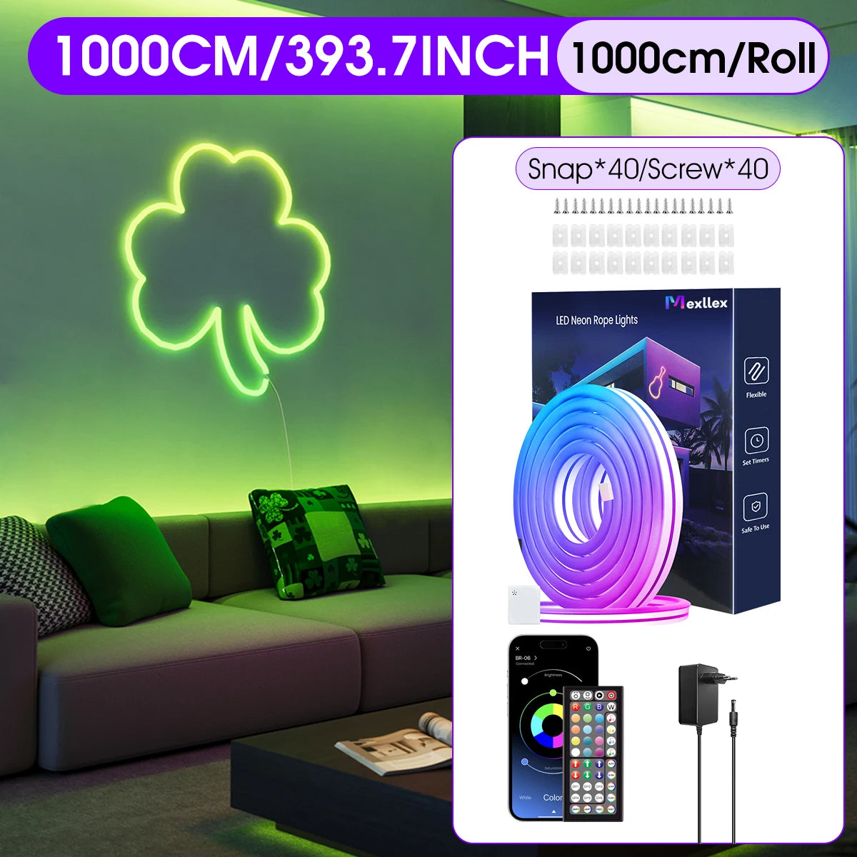 Flexibel LED Neon-slinga – RGB, IP65, App & Fjärr, Musiksynk, 24V, EU-kontakt, 5–30M