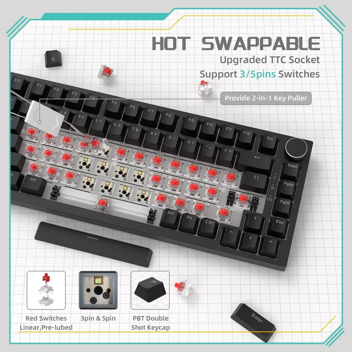 AJAZZ AK820 mekaniskt tangentbord – 75 % ANSI, volymvred och hot-swap