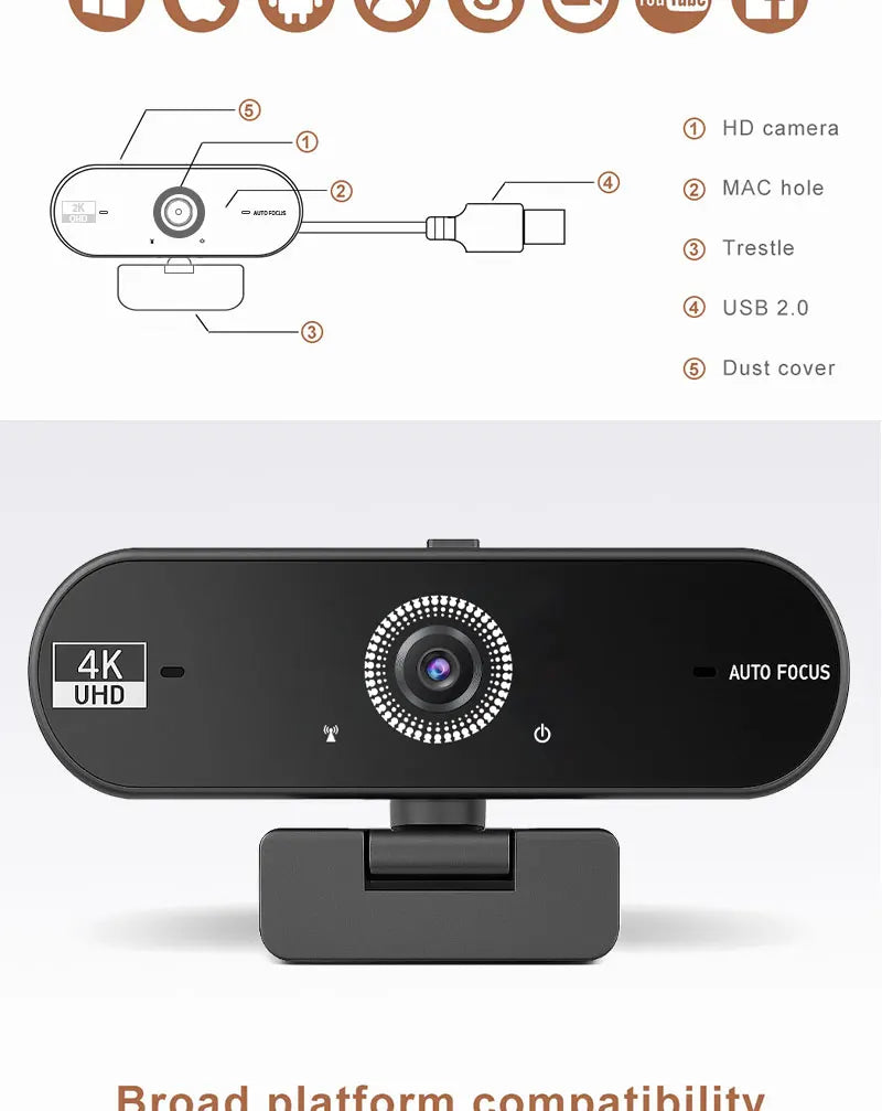 4K Webcam for PC 30fps Autofocus Web Camera With Noise Reducing Microphone Privacy Cover Auto Exposure USB 2.0 Type-C Adapter