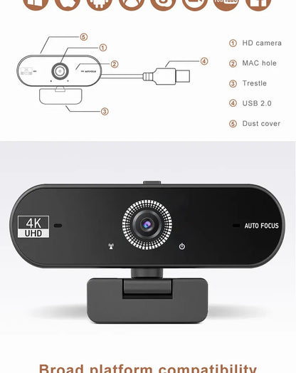 4K Webcam for PC 30fps Autofocus Web Camera With Noise Reducing Microphone Privacy Cover Auto Exposure USB 2.0 Type-C Adapter