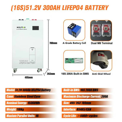 48V 300Ah LiFePO4 Lithium Battery Bluetooth BMS 51.2V 100Ah 200Ah 300Ah 600Ah 900Ah 15kWh Power for Home Energy Solar EU Stock