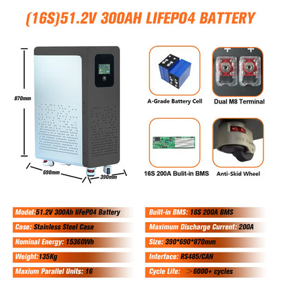 48V 600Ah LiFePO4 Lithium Battery Pack 30Kwh 100Ah 120Ah 200Ah 300Ah Built-in 200A BMS 6000+ Cycle For Solar System EU PL Stock