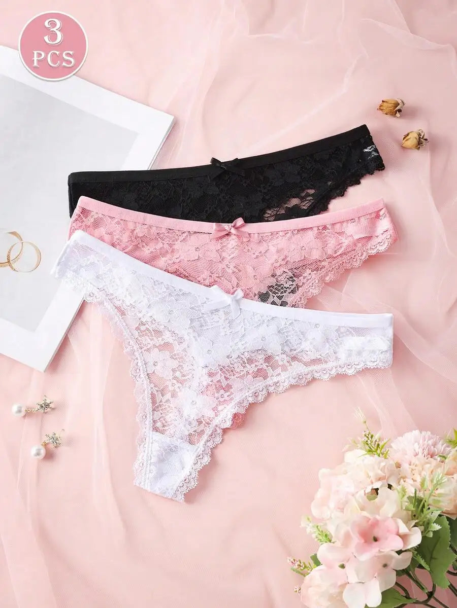 3Pcs Sexy Lace Women Thongs Transparent Women Panties Sexy Underwear Solid Floral G-String Size XS-XL Female Underpants Lingerie