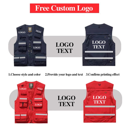 S-7XL Multi Pocket Work Vest for Men Women Volunteer Working Uniforms Logo Printing Fishing Photography Workwear Vest