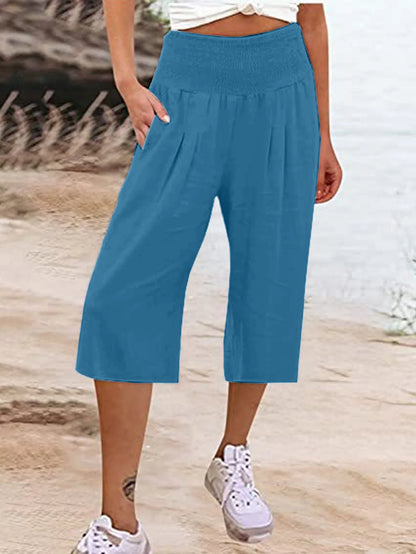 Summer 2024 Amazon Eurn women's cross-border cotton hemp seven waist pocket pocket pocket pocket wide leg pants woman