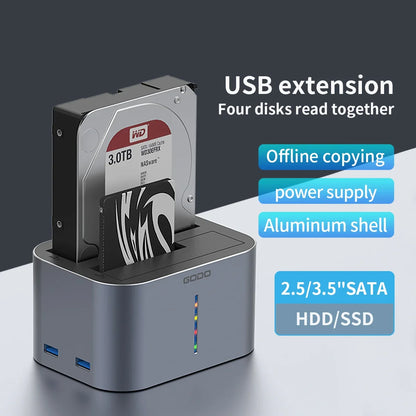 GODO USB 3.0 Dubbel Fack Typ C Hårddiskdocka för 2.5/3.5 tums SATA-enheter