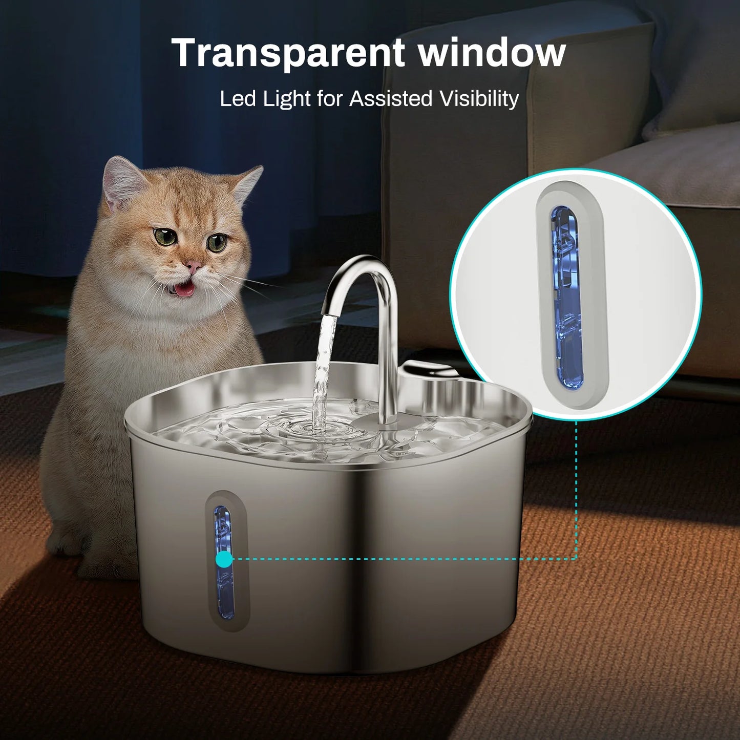 Stainless Steel Cat Water Fountain,2.2L,Pet Water Dispenser With Filter,Dog Drinking Fountain For Cats,Ultra Quiet Water Pump