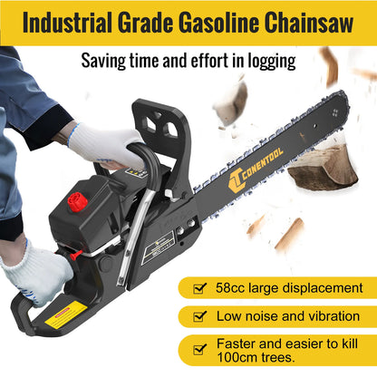 CONENTOOL 58CC 18 Inch Gas Chainsaw 2-Stroke Petrol Chain Saw 2.55kW 11500RPM Wood Cutter for Tree Cutting Firewood Logging Garden Tool