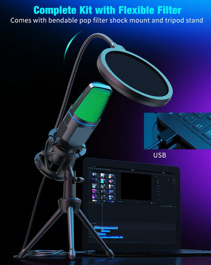 USB Microphone RGB Microfone Condensador Wire Gaming Mic for Podcast Recording Studio Streaming Laptop Desktop PC