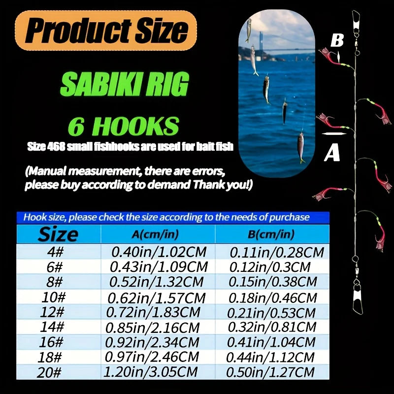 8Packs Sabiki Bait Rig Size 4-18, Glowing Beads and High Carbon Steel Fishing Hooks, Night Fishing Kit for Mackerel, Bass,