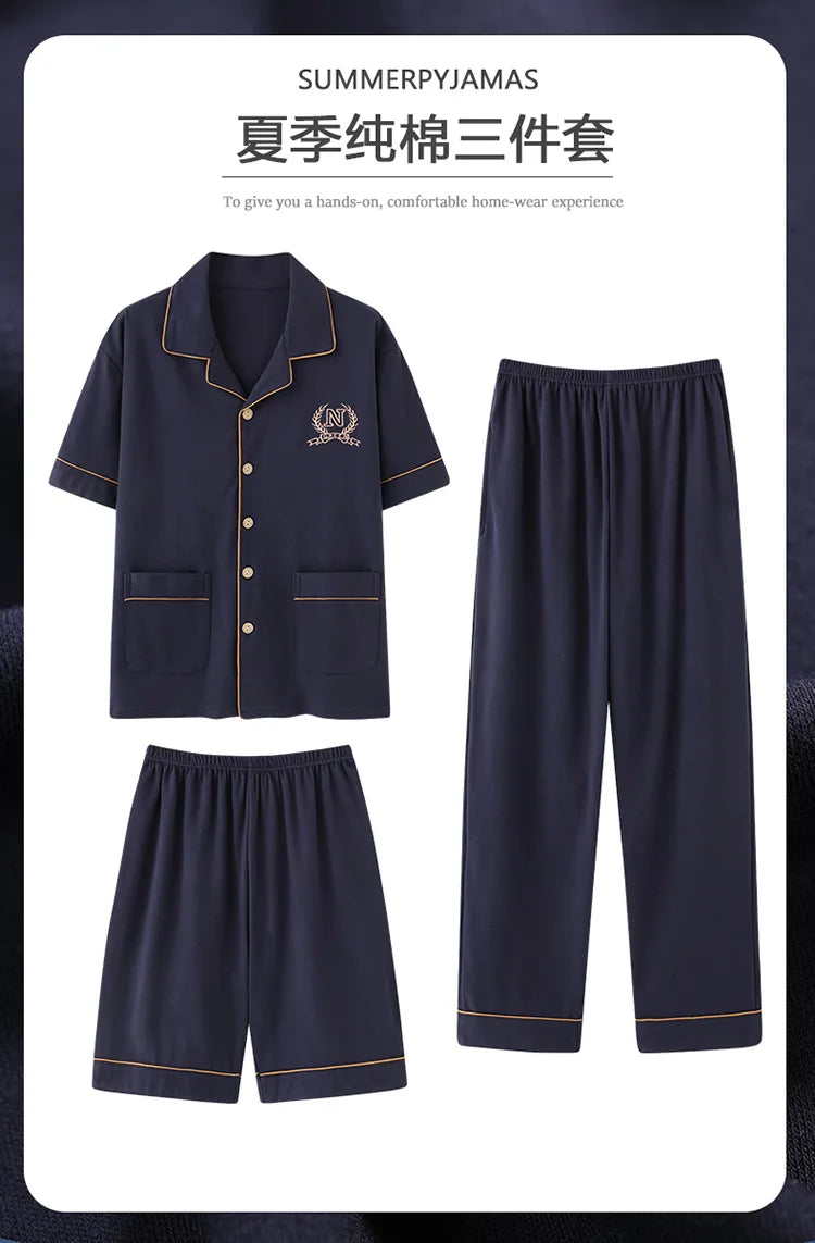 2023 New Cotton Sleepwear Men's 3 Pieces Set Homewear Plus Size 4XL Cardigan Nightwear Short Sleep Tops & Shorts & Long Pants